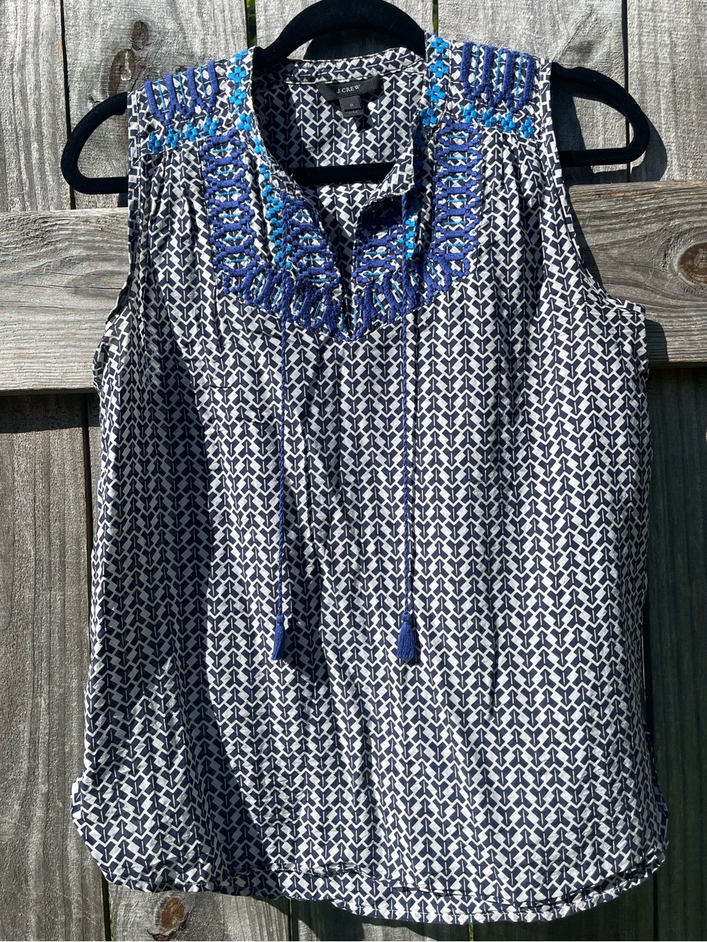 J. Crew Navy and White Sleeveless Geometric Embroidered Neckline Top